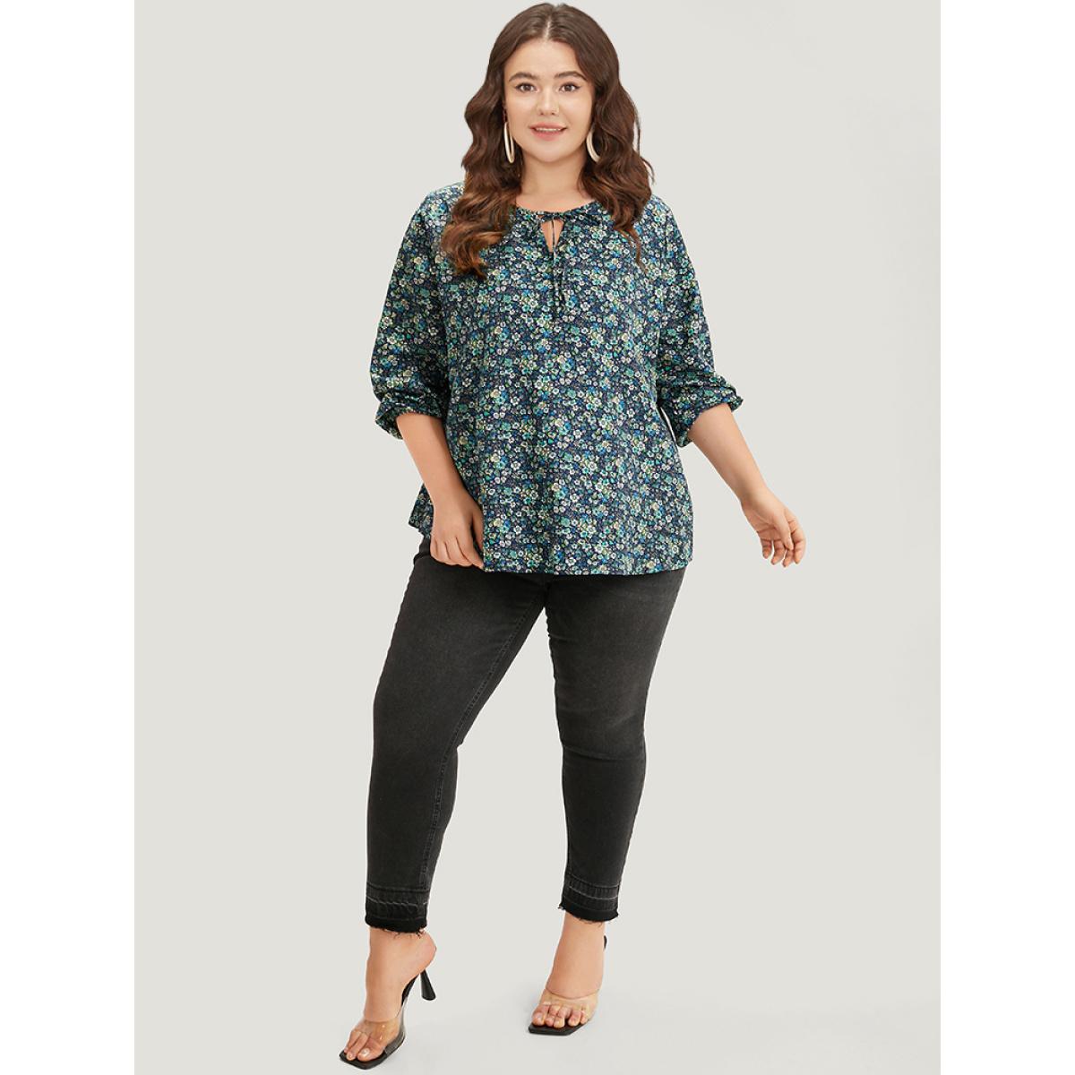 Plus Size Indigo Ditsy Floral Knot Neck Elastic Cuffs Blouse Women Elegant Long Sleeve Tie Neck Everyday Blouses BloomChic 14-16/1X Product Image