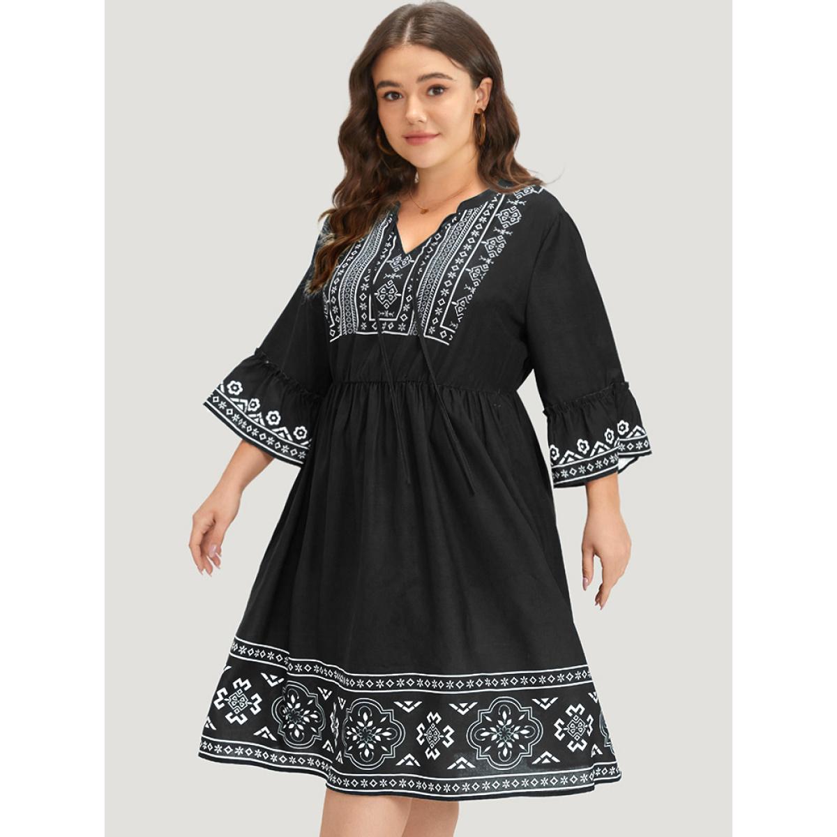 Plus Size Bandana Print Knot Neck Frill Trim Bell Sleeve Dress Black Women Vacation Cross straps Notched collar Half Sleeve Curvy Midi Dress BloomChic 30/6X Product Image