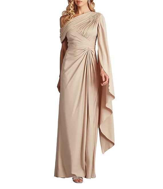 Tadashi Shoji One Shoulder Scarf Sleeve Side Twist Crepe Sheath Gown Product Image