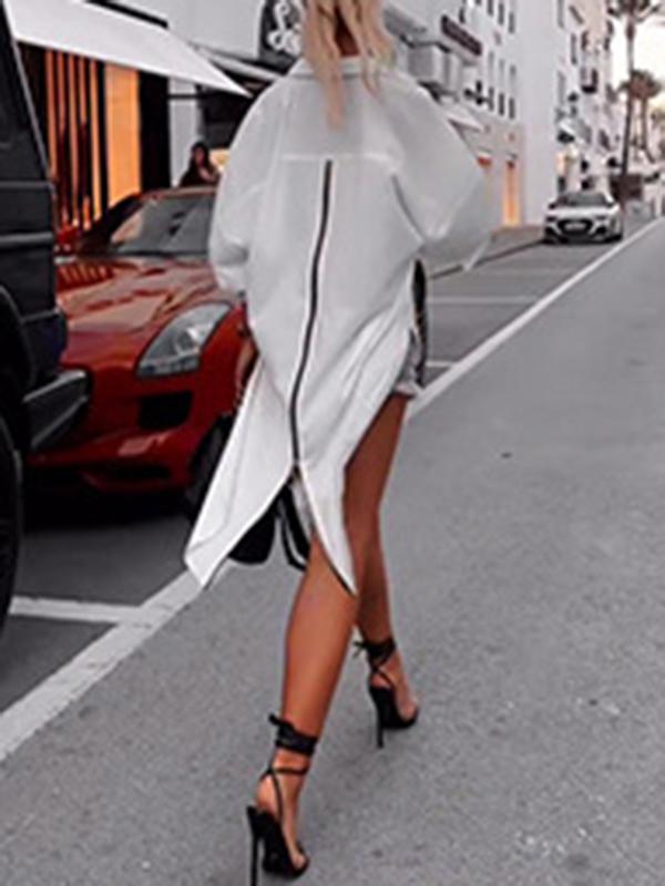 High-Low Long Sleeves Buttoned Solid Color Zipper Lapel Blouses&Shirts Tops Product Image