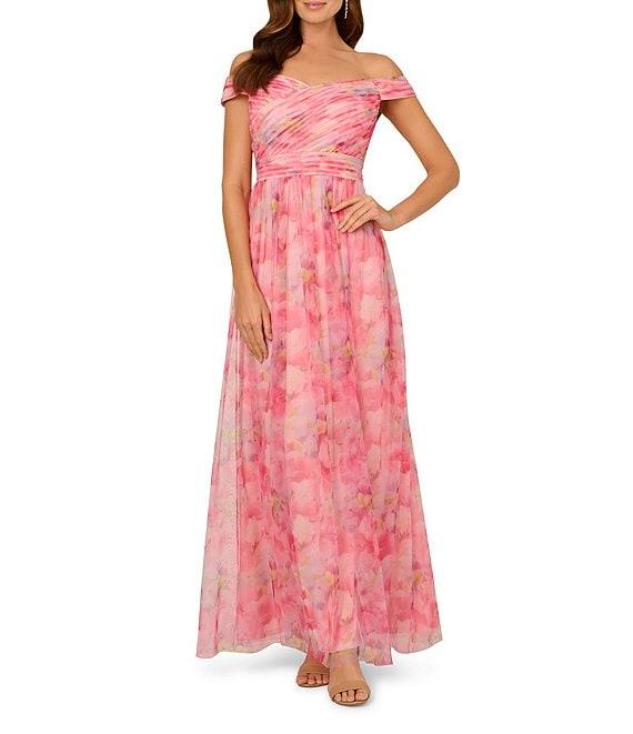 Adrianna Papell Tulle Floral Print Off-The-Shoulder Neck Short Sleeve A-Line Gown Product Image
