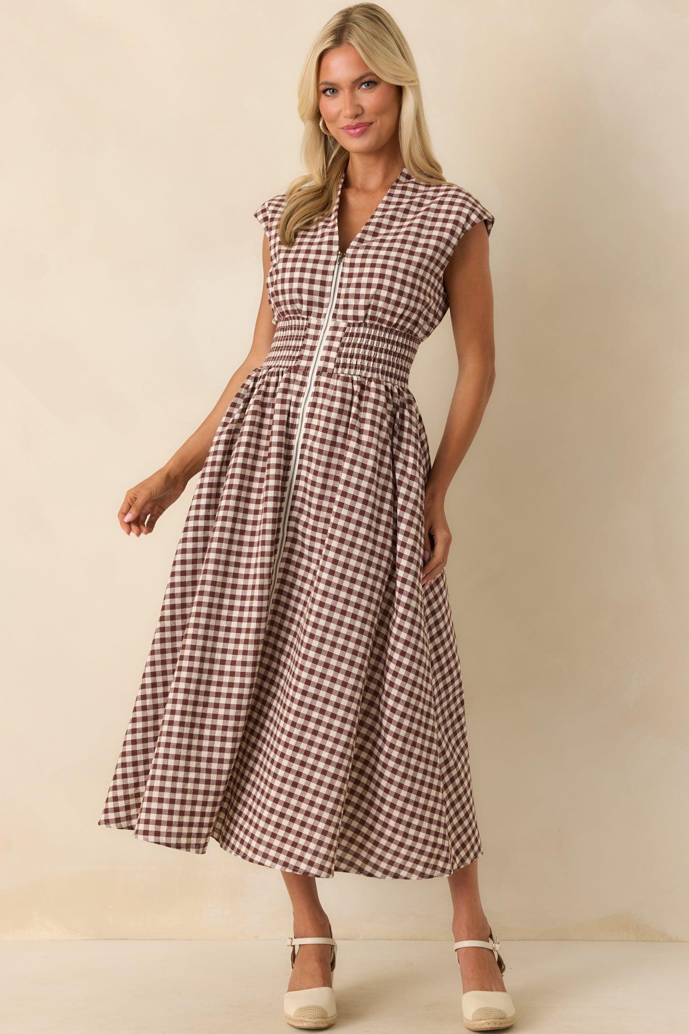 The Evette Brown Gingham Cotton Zip Front Midi Dress Product Image