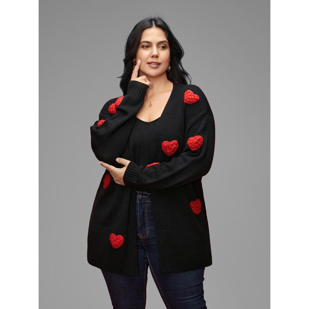 Plus Size Hand Crocheted Hearts V-neck Cardigan Black Women Casual Loose Long Sleeve Everyday Cardigans BloomChic 30/6X Product Image