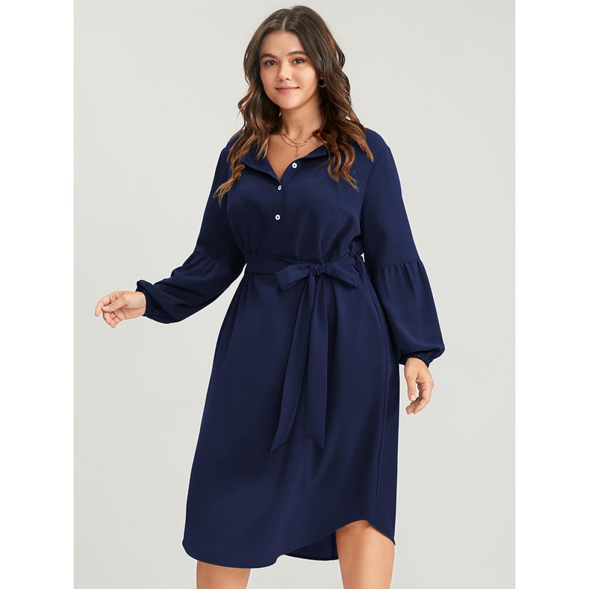 Plus Size Solid Lantern Sleeve Button Pocket Belted Arc Hem Dress Navy Women Office Belted Round Neck Long Sleeve Curvy Midi Dress BloomChic 12/L Product Image