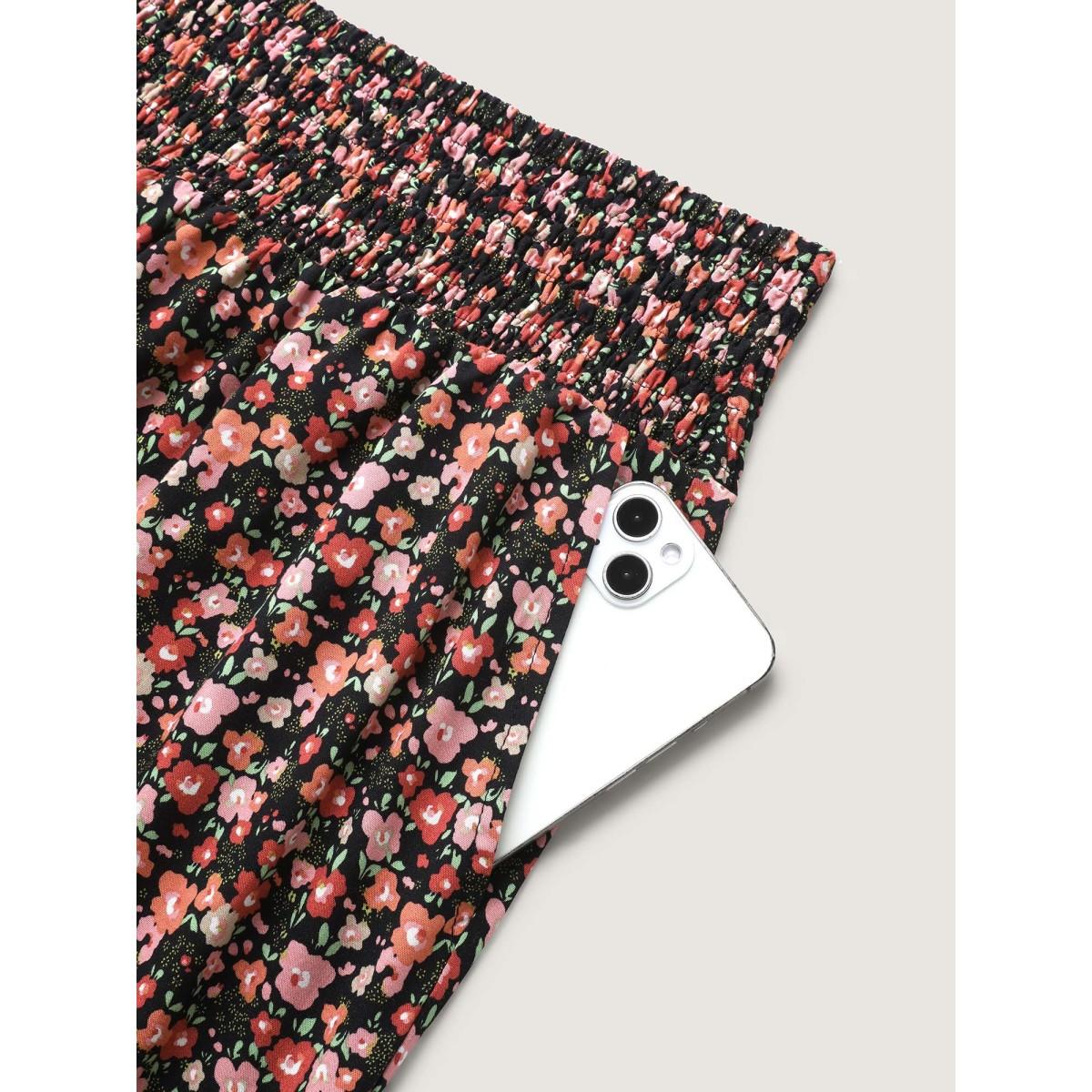 Plus Size Shirred Waist Ditsy Floral Wide-Leg Pants Women BlackFlower Boho Wide Leg Mid Rise Vacation Pants BloomChic 28/5X Product Image