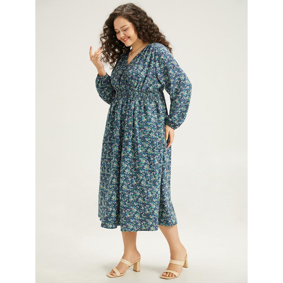 Plus Size Ditsy Floral Wrap Shirred Pocket Lantern Sleeve Dress Indigo Women Elegant Elastic cuffs V-neck Long Sleeve Curvy Midi Dress BloomChic 10/M Product Image