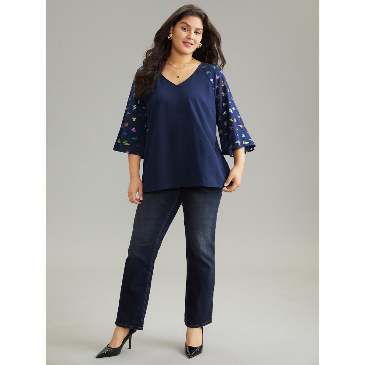 Plus Size Indigo Glitter Butterfly Flutter Raglan Sleeve Blouse Women Elegant Elbow-length sleeve V-neck Party Blouses BloomChic 18-20/2X Product Image