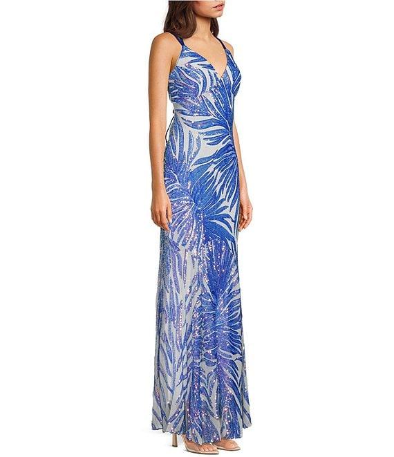 Morgan & Co. Pattern Sequin Cage Back Long Dress Product Image