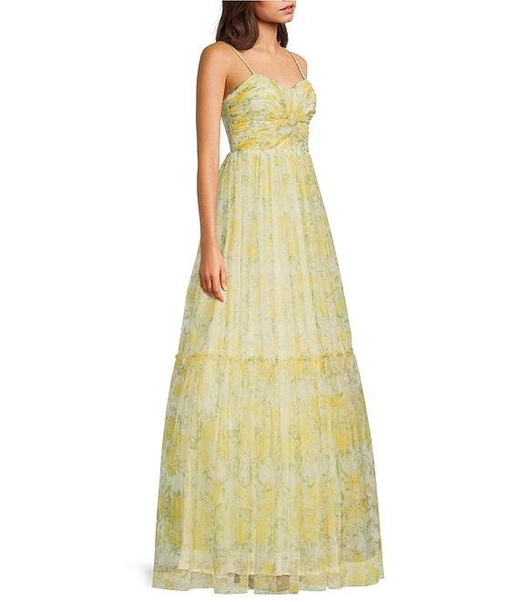 Blondie Nites Floral Print Mesh Sweetheart Neck Twist Front Spaghetti Strap Tie Back A-Line Gown Product Image