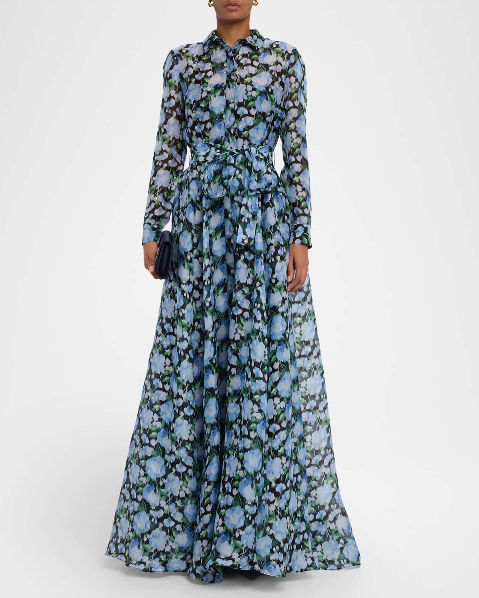 Floral Silk Long-Sleeve Trench Gown Product Image