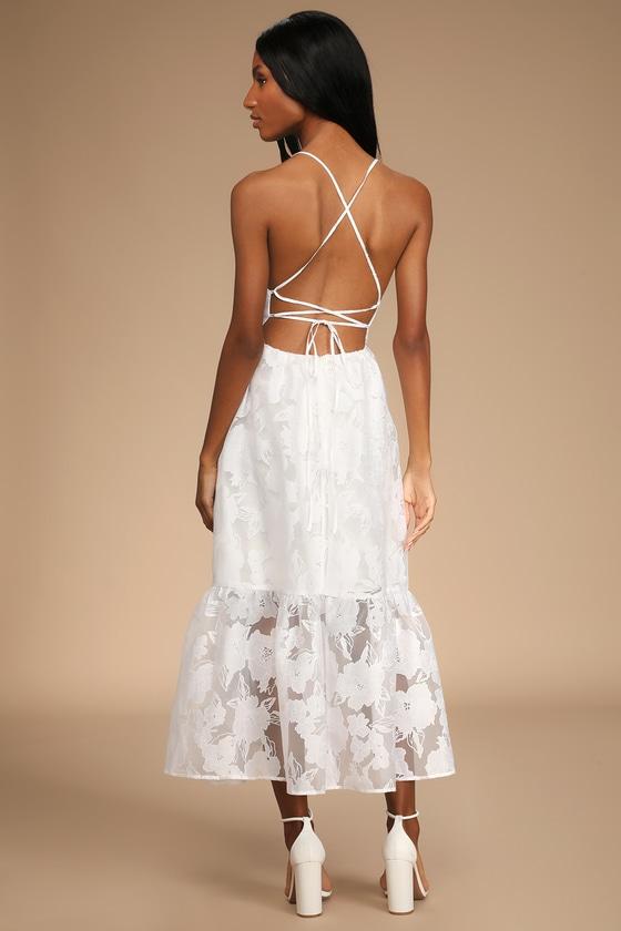 Feeling Like Forever White Jacquard Organza Lace-Up Midi Dress Product Image