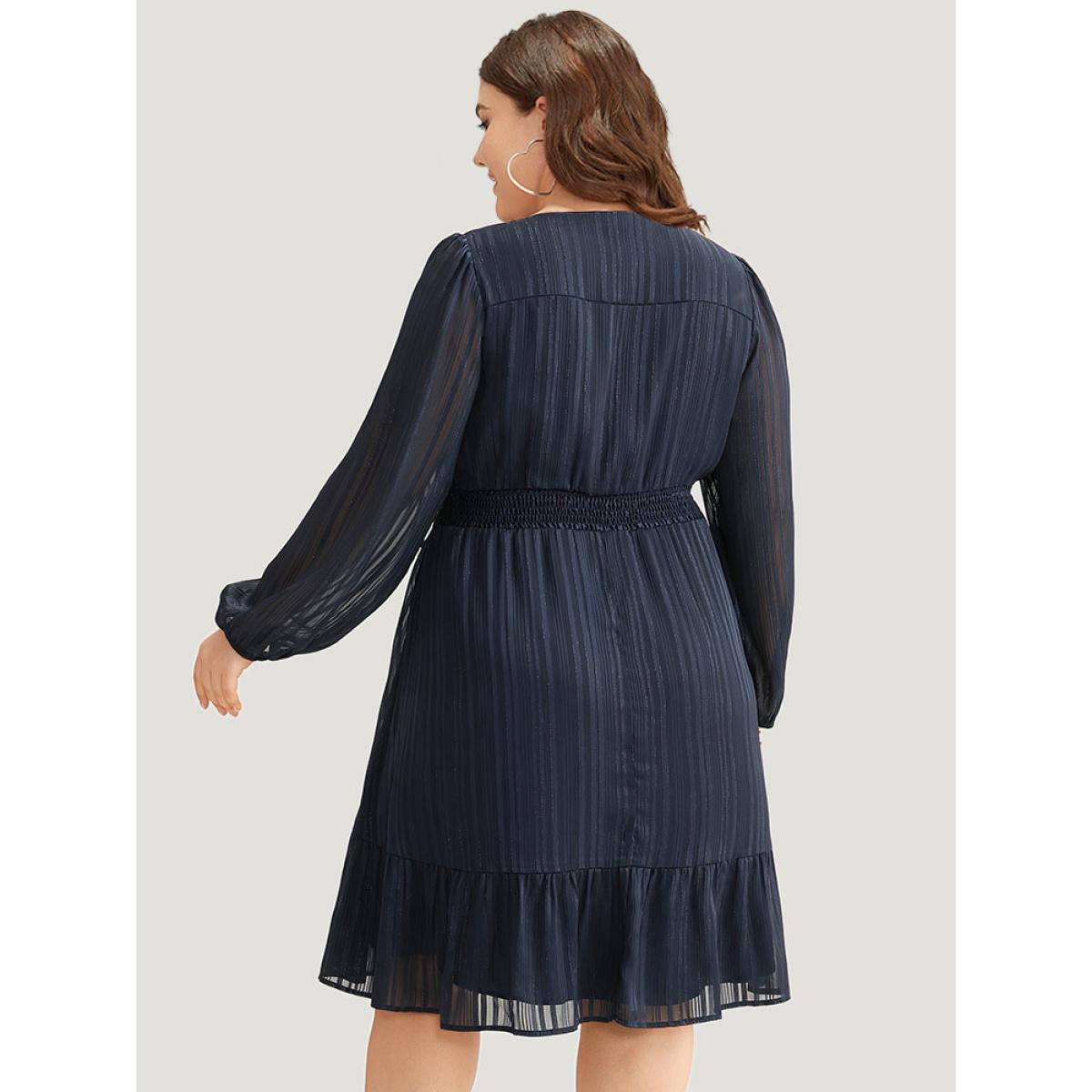 Plus Size Plisse Shirred Pocket Lantern Sleeve Dress DarkBlue Women Elegant Elastic cuffs Round Neck Long Sleeve Curvy Midi Dress BloomChic 30/6X Product Image