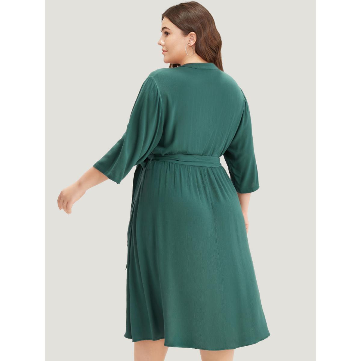 Plus Size Solid Button Detail Pocket Belted Notched Dress Emerald Women Office Plain Notched collar Elbow-length sleeve Curvy Midi Dress BloomChic 28/5X Product Image