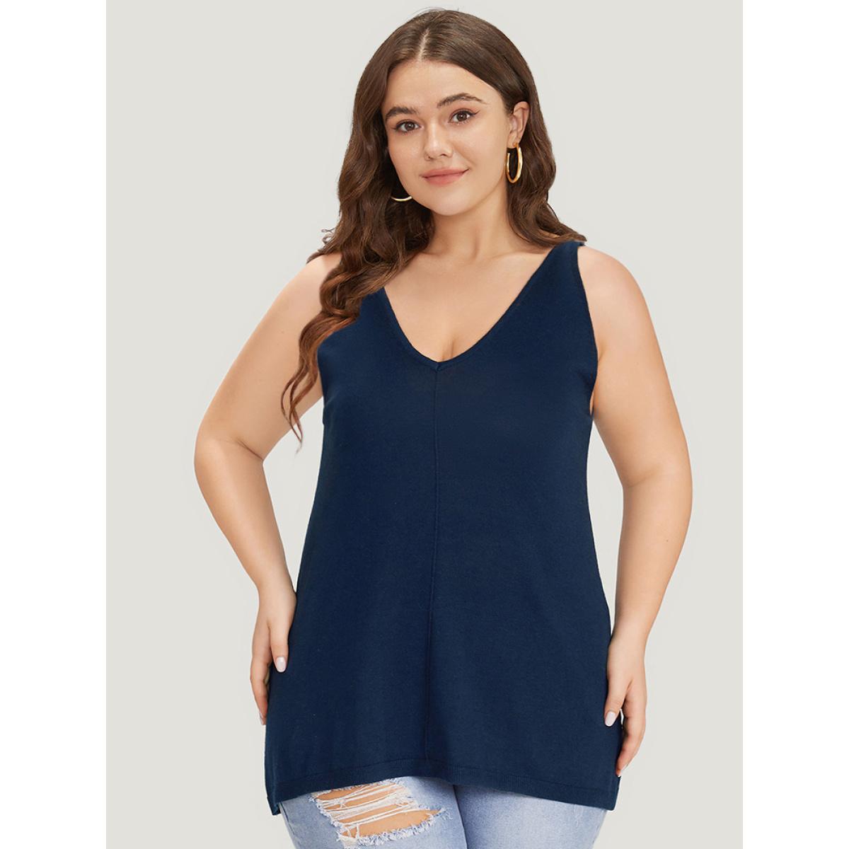 Plus Size Supersoft Essentials Solid Patchwork Sleeveless Pullover Indigo Women Casual Loose Sleeveless V-neck Everyday Pullovers BloomChic 26/4X Product Image