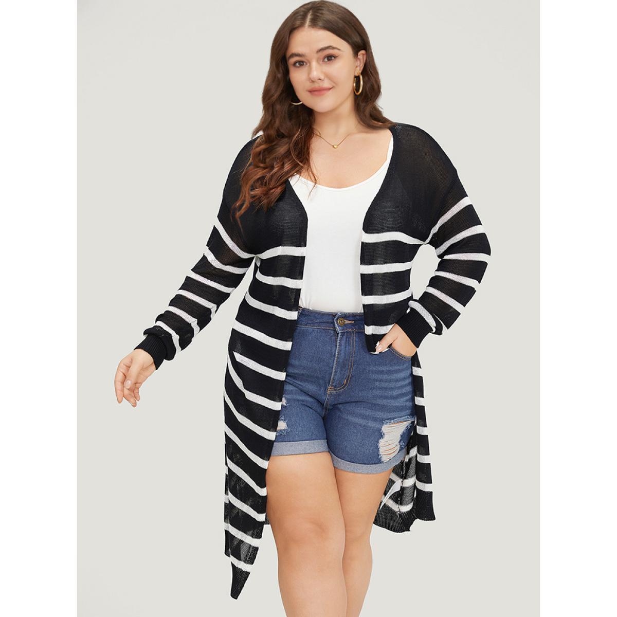 Plus Size Striped Open Front Elastic Cuffs Drop Shoulder Cardigan Black Women Casual Loose Long Sleeve Everyday Cardigans BloomChic 14-16/1X Product Image