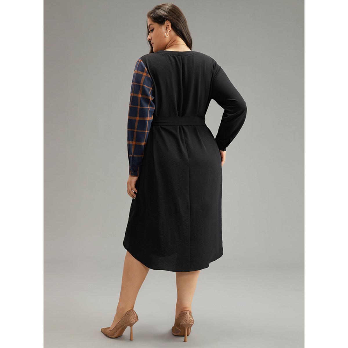 Plus Size Plaid Patchwork Notched Belted Dress Black Women Office Belted Notched collar Long Sleeve Curvy Midi Dress BloomChic 18-20/2X Product Image