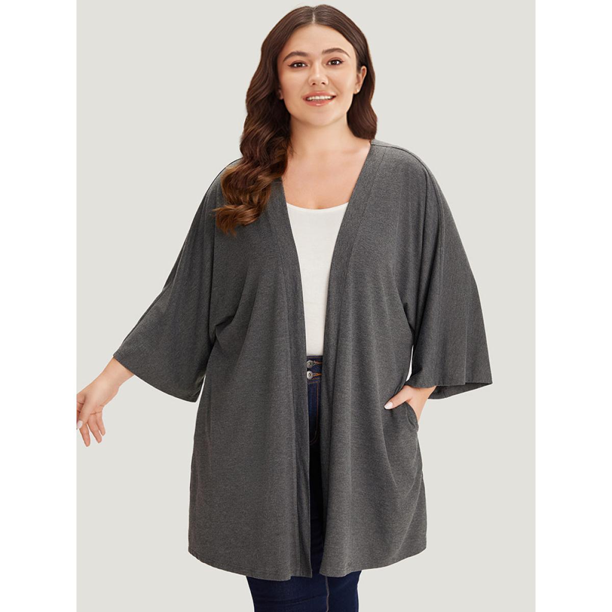 Plus Size Supersoft Essentials Plain Open Front Pocket Batwing Sleeve Kimono Women DarkGray Casual Plain Loose Pocket Dailywear Kimonos BloomChic 10/M Product Image