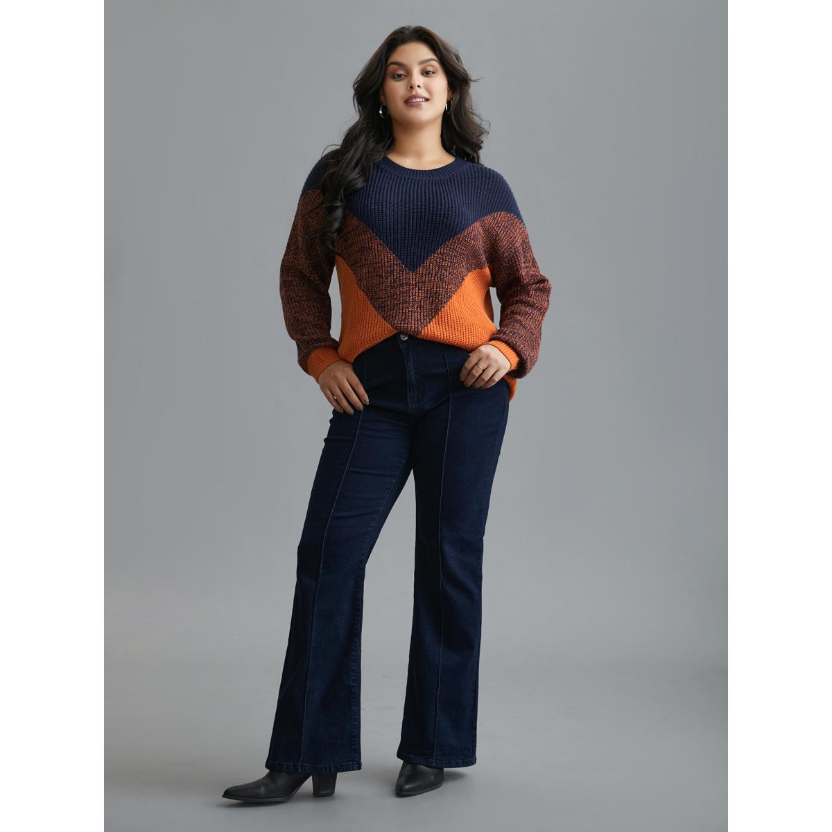 Plus Size Textured Balloon Sleeves Color Block Pullover Indigo Women Casual Loose Long Sleeve Round Neck Everyday Pullovers BloomChic 30/6X Product Image