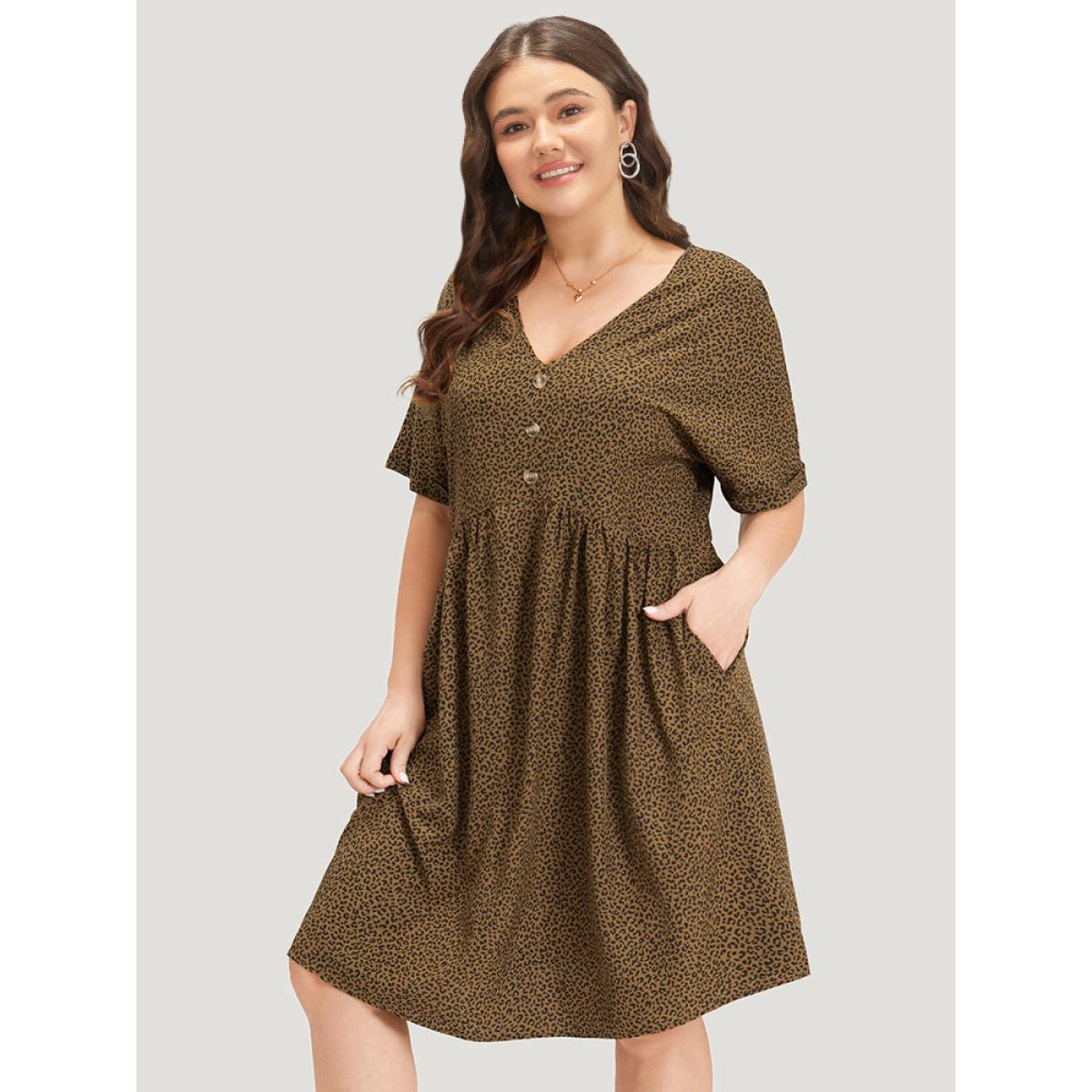 Plus Size Leopard Print V Neck Button Detail Dolman Sleeve Dress Bronze Women Elegant Button V-neck Short sleeve Curvy Knee Dress BloomChic 14-16/1X Product Image
