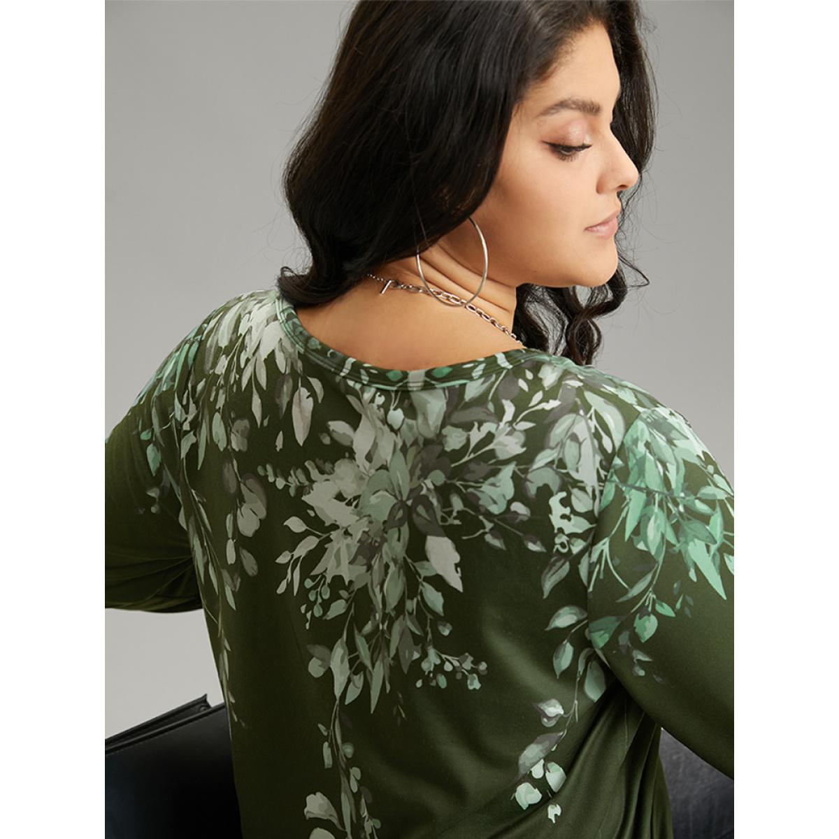 Plus Size Plants Print V Neck Elastic Cuffs Sweatshirt Women Mint Elegant Printed V-neck Dailywear Sweatshirts BloomChic 18-20/2X Product Image