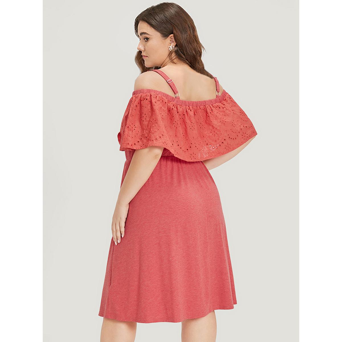 Plus Size Supersoft Essentials Cold Shoulder Broderie Anglaise Layered Dress OrangeRed Women Casual Adjustable Straps Cold Shoulder Short sleeve Curvy Midi Dress BloomChic 14-16/1X Product Image