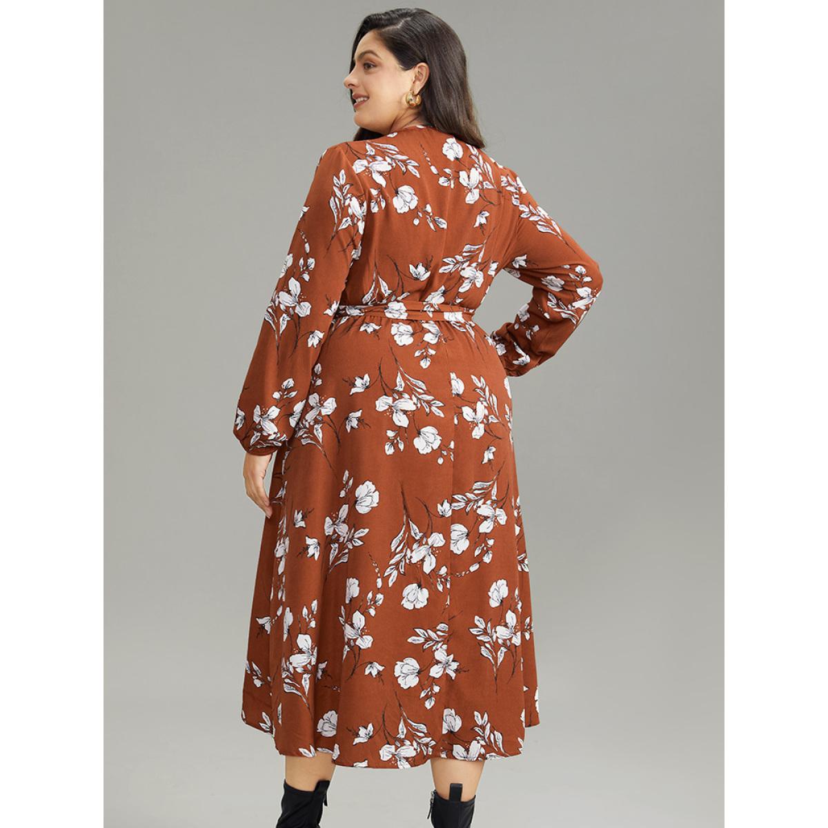 Plus Size Floral Print Wrap Hem Ties Dress Rust Women Elegant Elastic cuffs Overlap Collar Long Sleeve Curvy Midi Dress BloomChic 14-16/1X Product Image