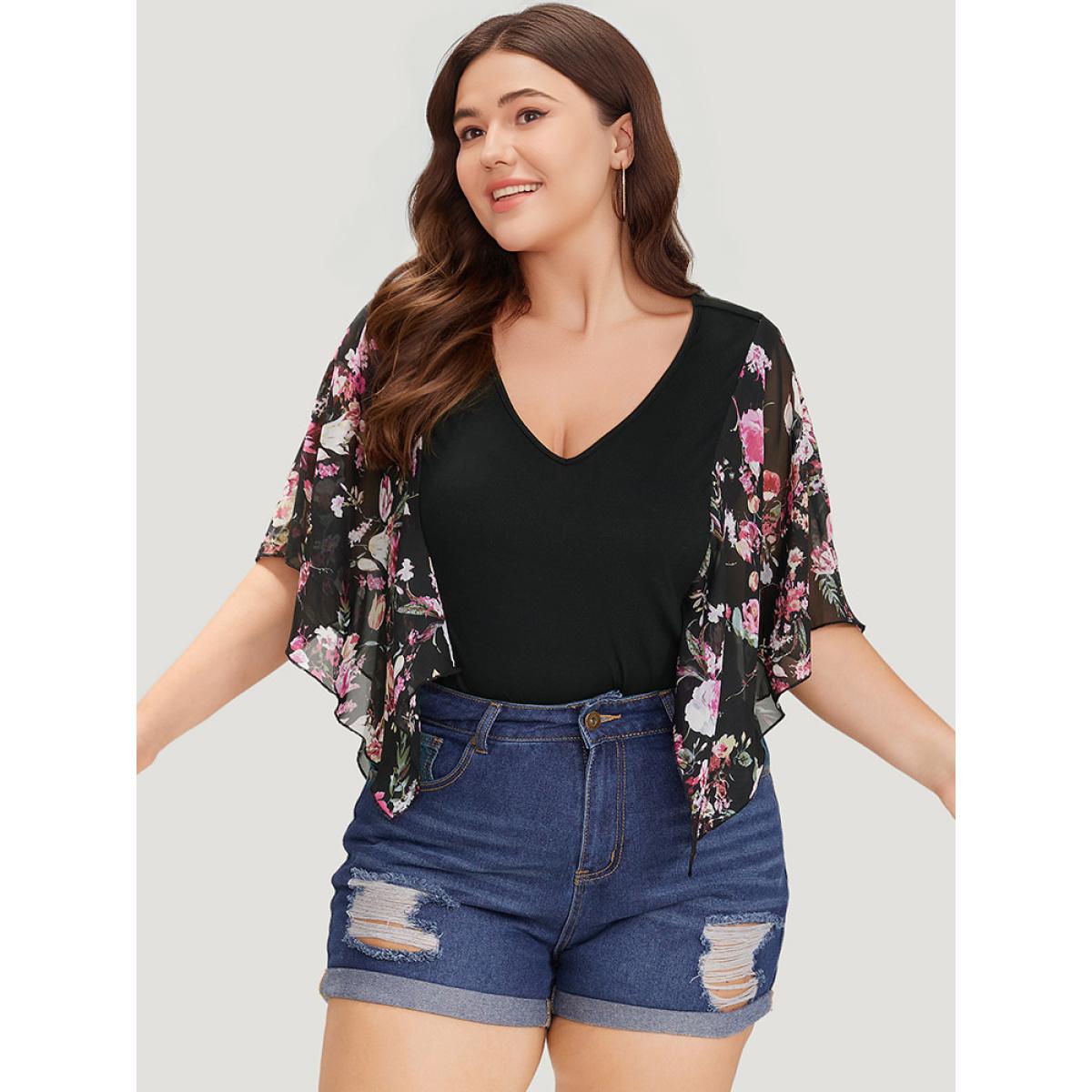 Plus Size Floral Print Patchwork Mesh Asymmetrical Sleeve Bodysuit Women Black Ditsy Floral Printed Bodysuits BloomChic 30/6X Product Image