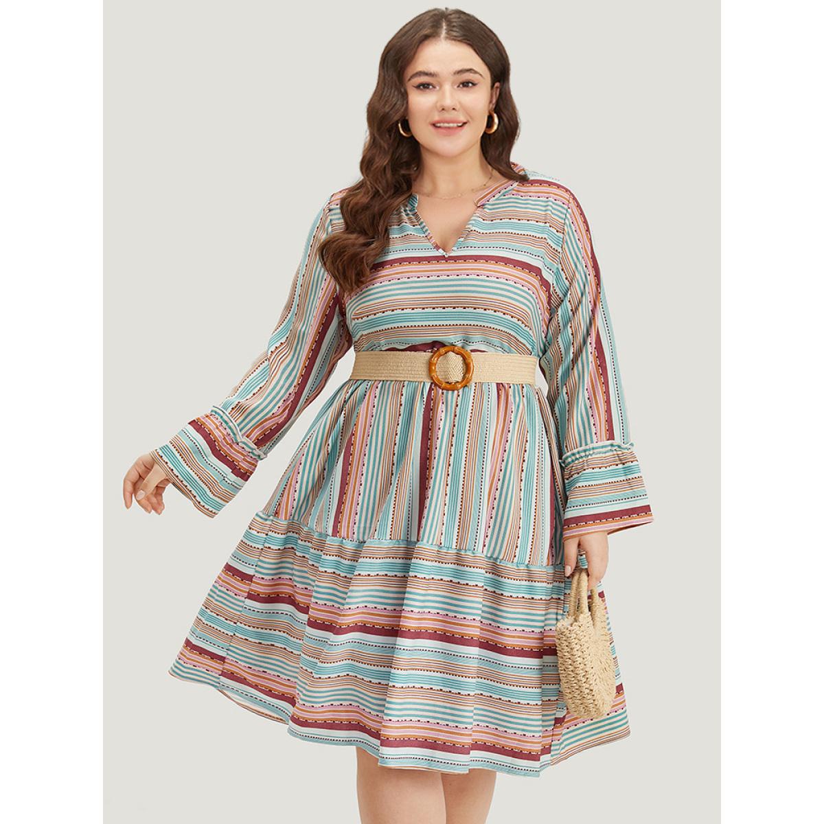 Plus Size Contrast Striped Notched Layered Hem Bell Sleeve Dress Multicolor Women Vacation Gathered Notched collar Long Sleeve Curvy Midi Dress BloomChic 28/5X Product Image