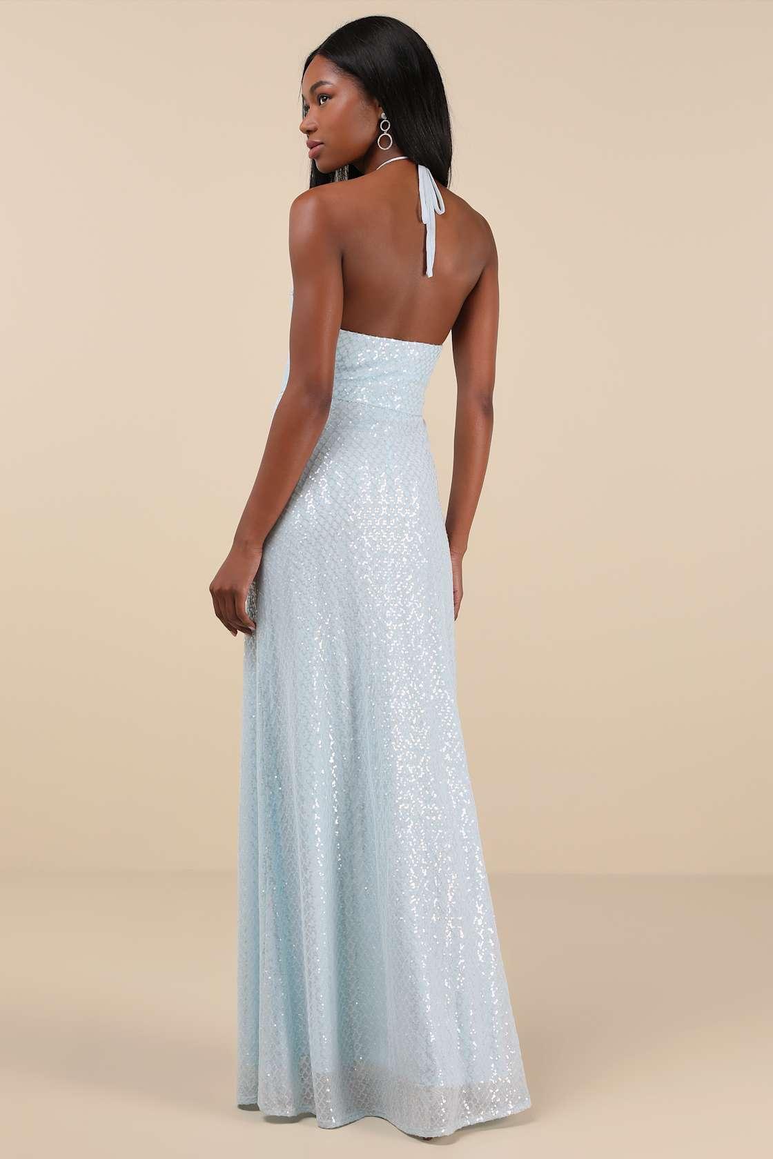 Kalina Light Blue Sequin Halter Maxi Dress Product Image