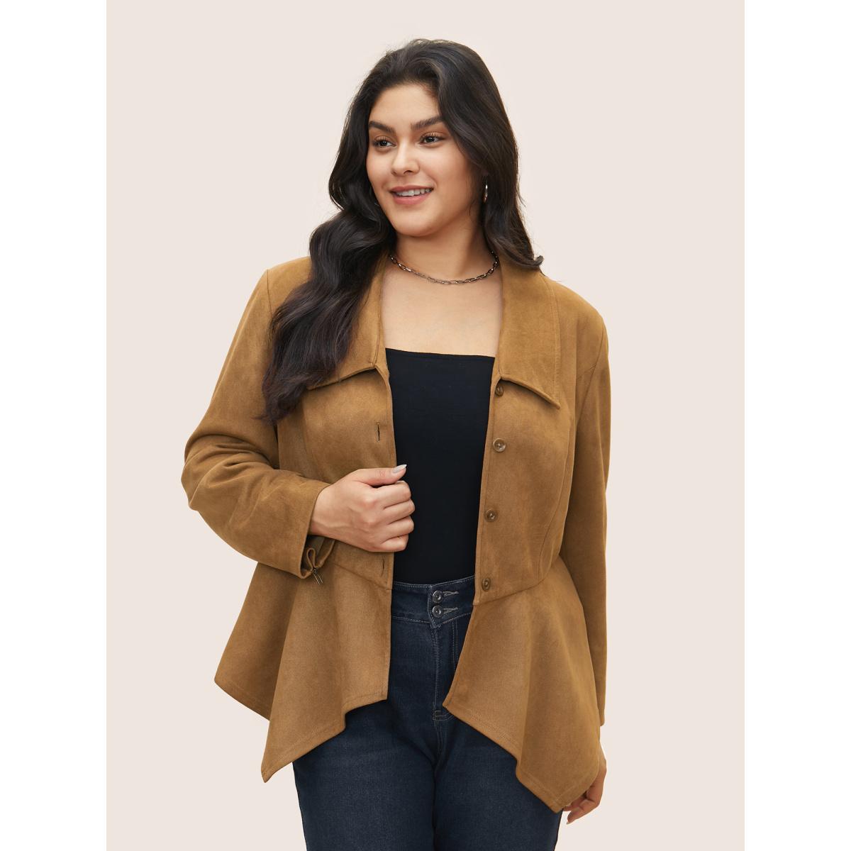 Plus Size Solid Faux Suede Zipper Hanky Hem Jacket Women Bronze Non Everyday Jackets BloomChic 22-24/3X Product Image
