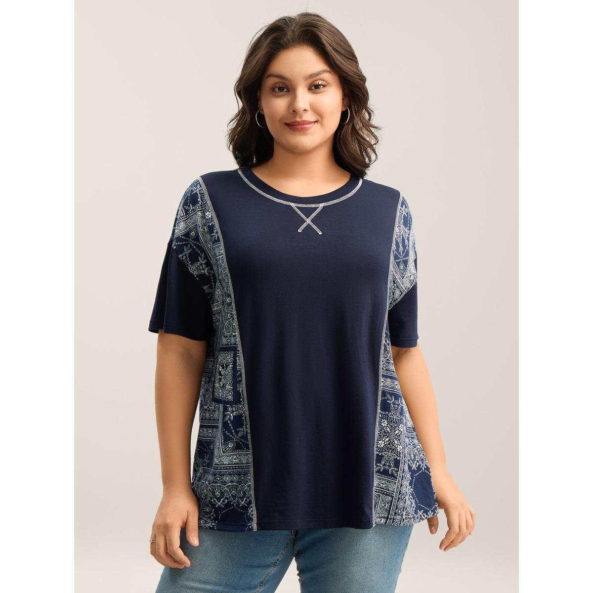 Plus Size Geometric Print Spliced Solid T-Shirt Midnight Women Leisure Topstitching Round Neck Casual T-shirts BloomChic 12/L Product Image