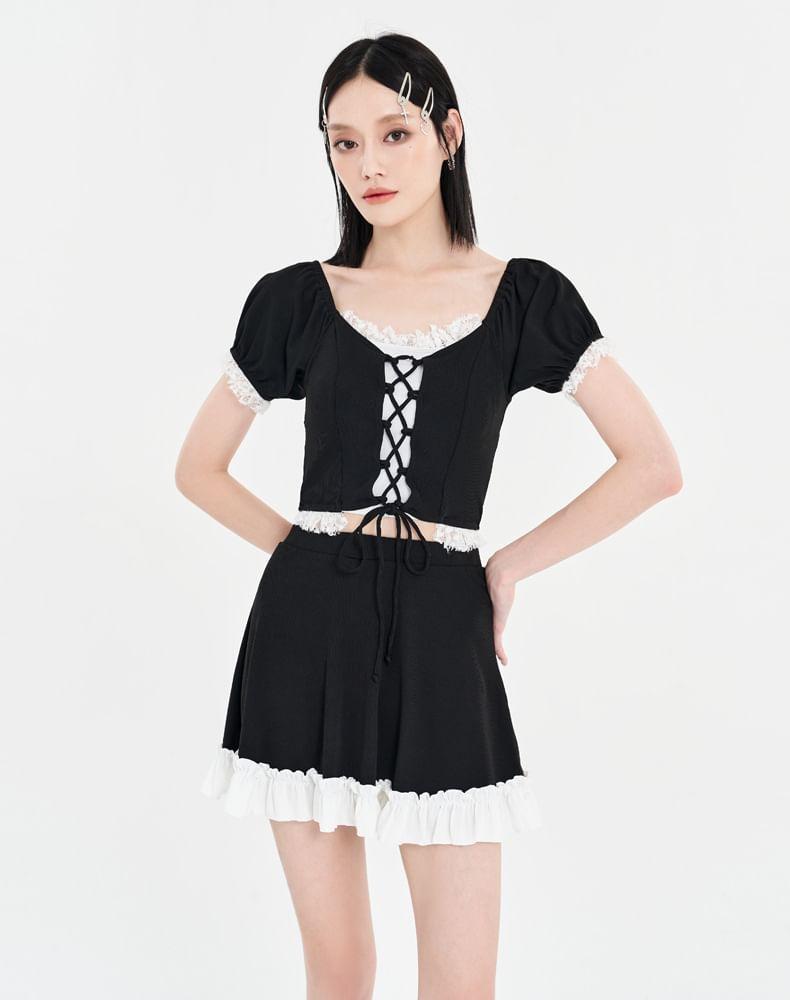 Set: Short-Sleeve Two Tone Crop Top + Mini Skirt Product Image
