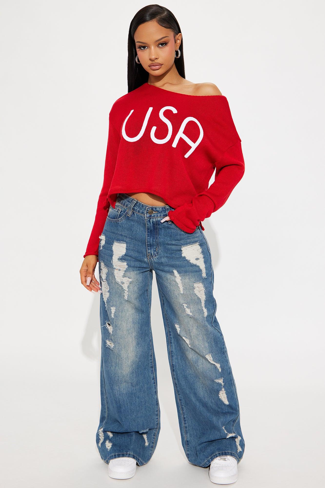 USA Embroidered Pullover Sweater - Red/White Product Image