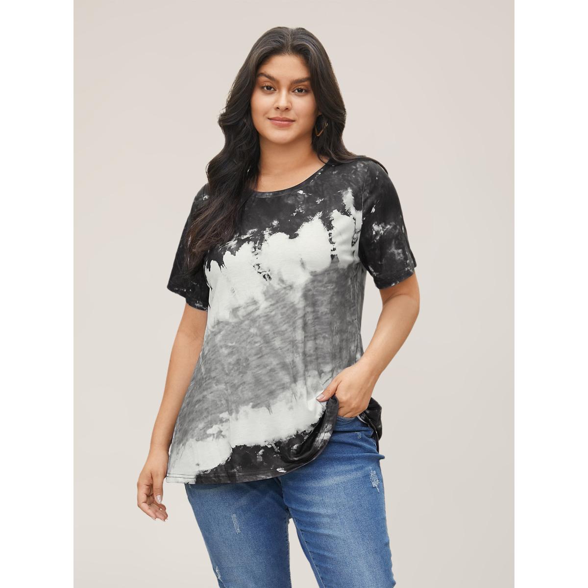 Plus Size Tie Dye Round Neck T-shirt Black Women Leisure Tie Dye Round Neck Casual T-shirts BloomChic 22-24/3X Product Image