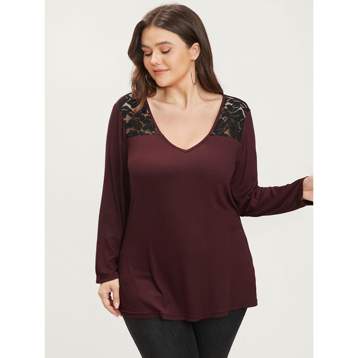 Plus Size Solid V Neck Contrast Lace Rib Knit Long Tee Scarlet Women Elegant Plain V-neck Dailywear T-shirts BloomChic 10/M Product Image