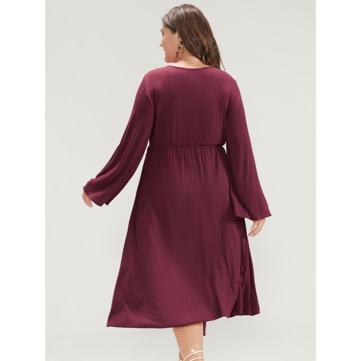 Plus Size Solid Wrap Knotted Front Pocket Bell Sleeve Asymmetrical Hem Dress Burgundy Women Elegant Wrap V-neck Long Sleeve Curvy Midi Dress BloomChic 14-16/1X Product Image