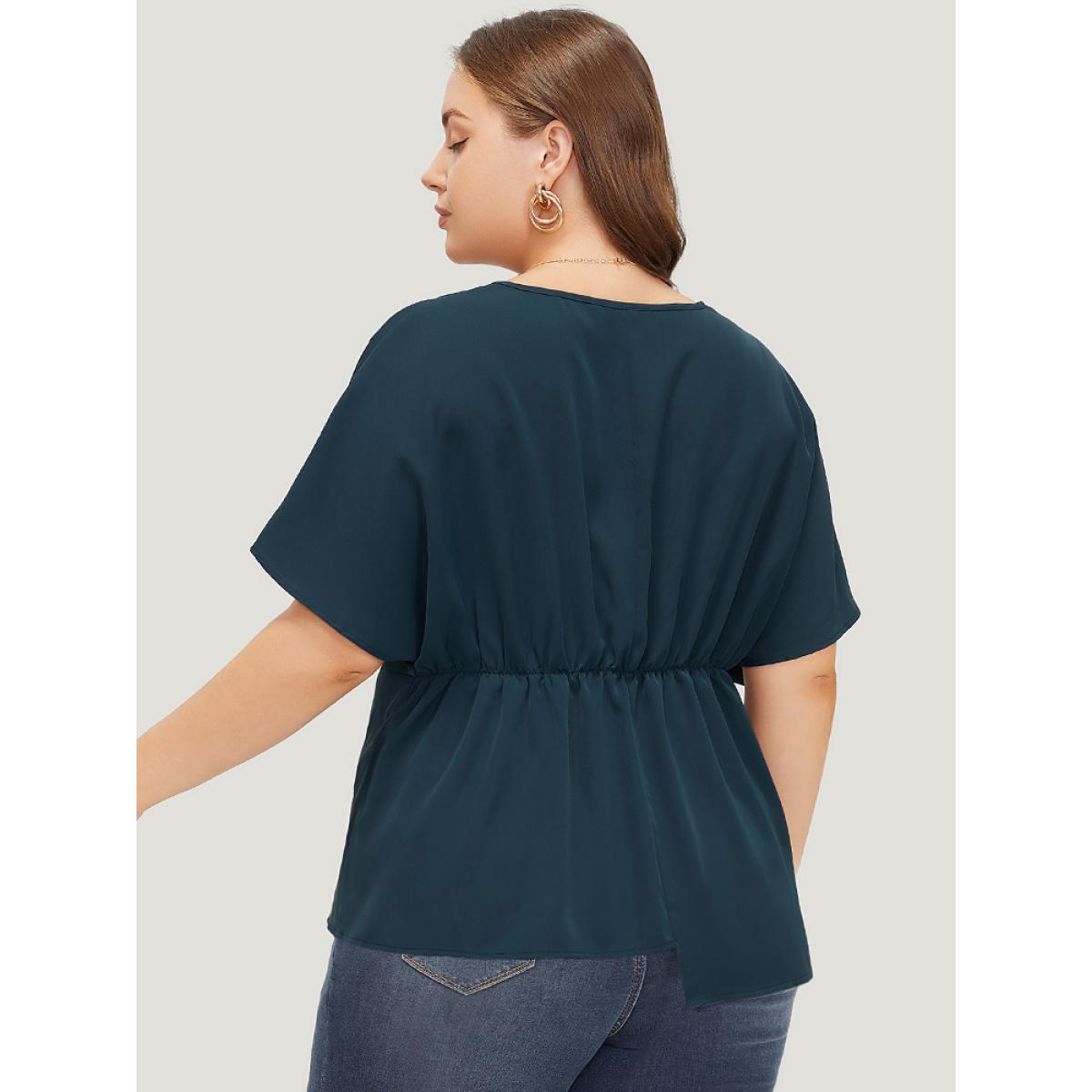 Plus Size Indigo Plain Twist Front Dolman Sleeve Asymmetrical Hem Blouse Women Office Short sleeve V-neck Dailywear Blouses BloomChic 26/4X Product Image
