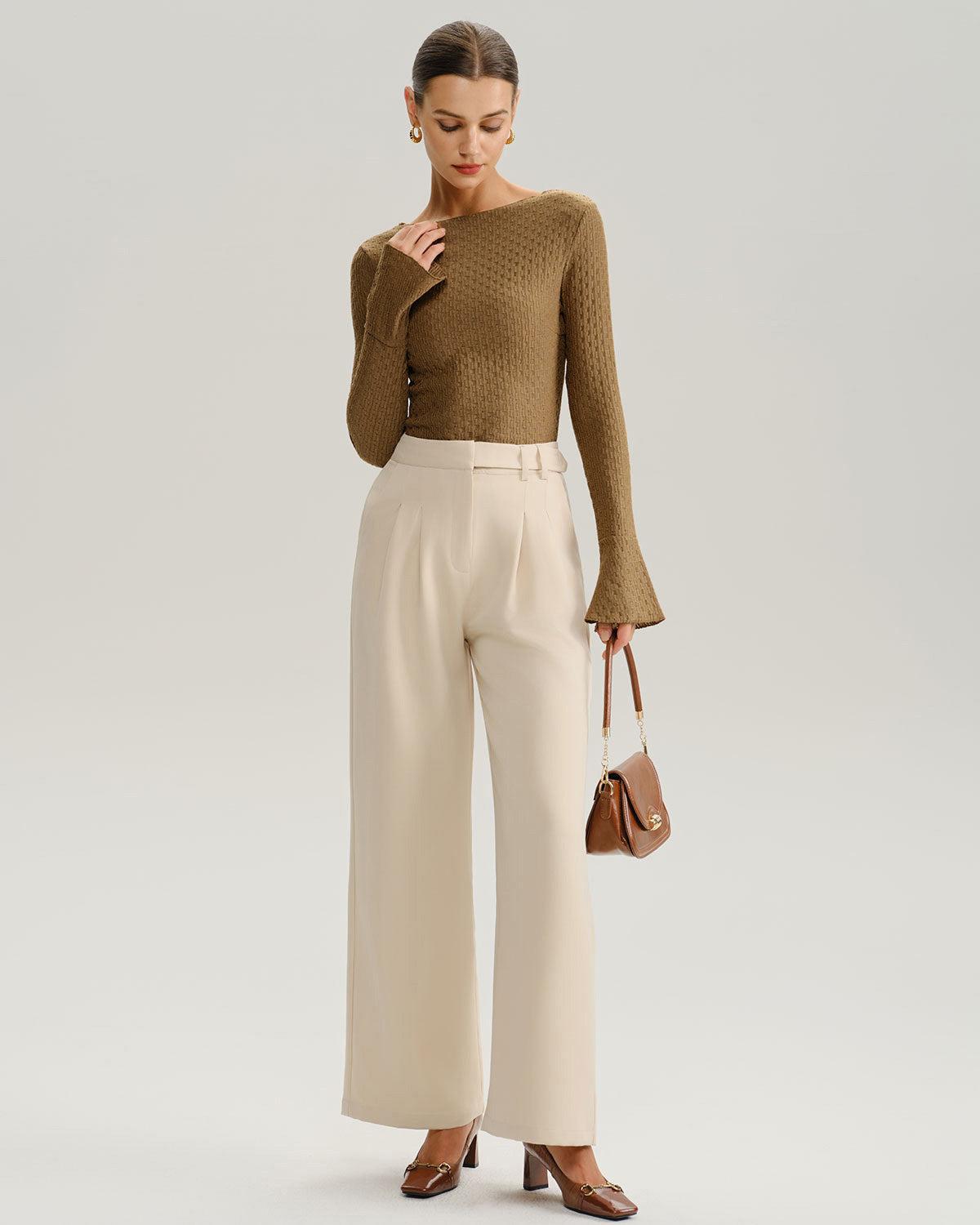 Brown Boat Neck Bell Sleeve Knit Tee Product Image