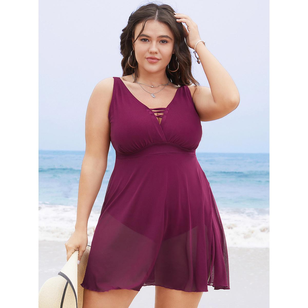 Plus Size Plain Crisscross Wrap Mesh Ruffle Split Swim Dress Women's Swimwear RedViolet Vacation Bodycon V-neck High stretch Curve Swim Dresses BloomChic 10/M Product Image