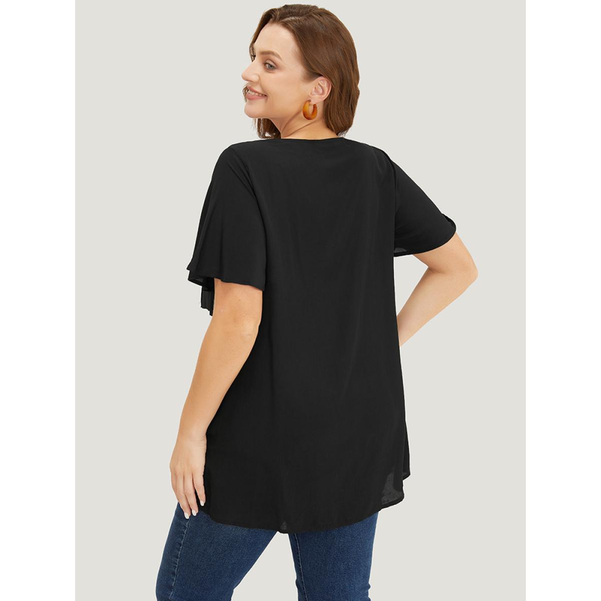 Plus Size Black Colorblock Contrast Pleated Button Detail Ruffle Sleeve Blouse Women Elegant Short sleeve V-neck Dailywear Blouses BloomChic 18-20/2X Product Image