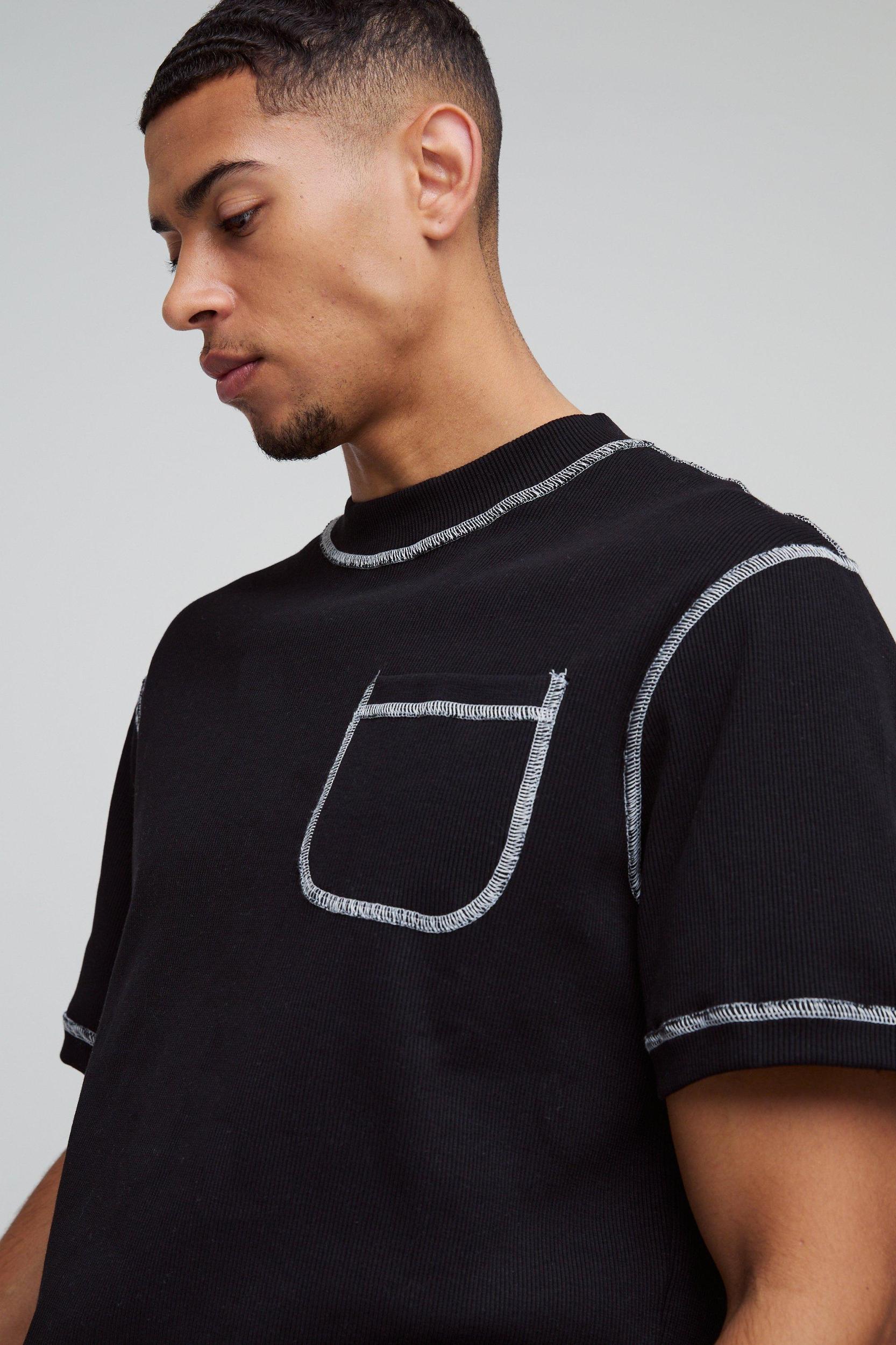 Boxy Rib Contrast Stitch T-Shirt | boohooMAN USA Product Image