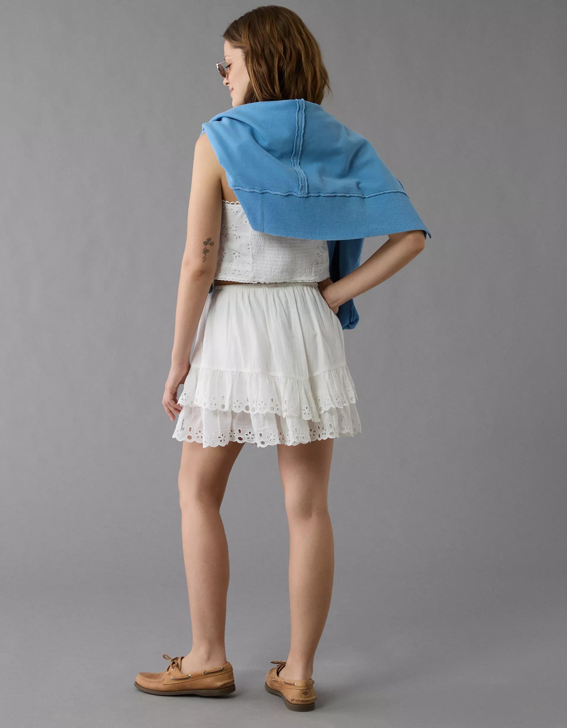 AE High-Waisted Embroidered Ruffle Mini Skirt Product Image