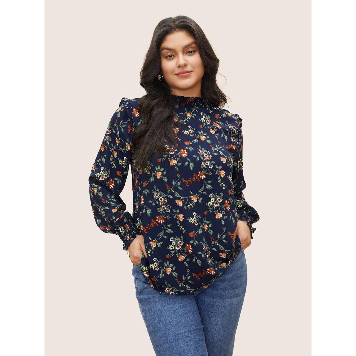 Plus Size DarkBlue Floral Lantern Sleeve Shirred Mock Neck Blouse Women Elegant Long Sleeve Mock Neck Everyday Blouses BloomChic 22-24/3X Product Image