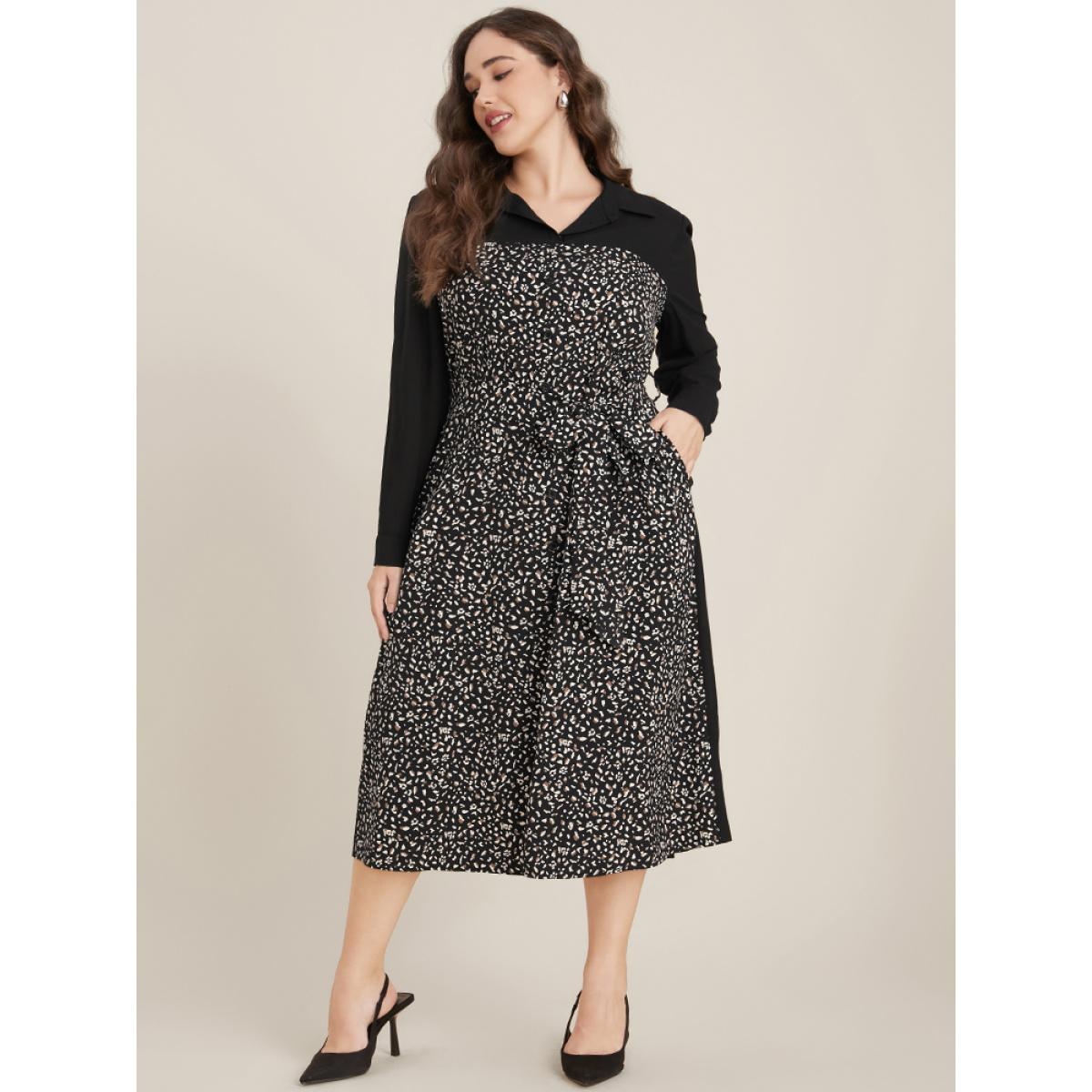 Plus Size Leopard Patchwork Pocket Button Up Belted Split Dress Black Women Office Patchwork Shirt collar Long Sleeve Curvy Midi Dress BloomChic 28/5X Product Image