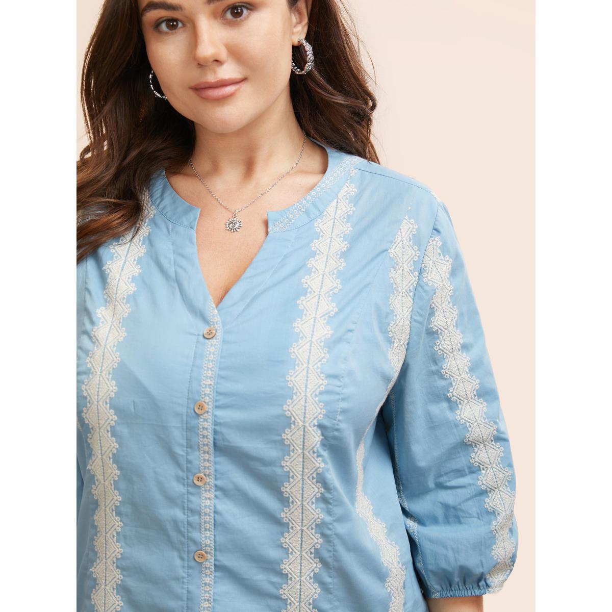 Plus Size LightBlue Striped Notched Embroidered Button Detail Blouse Women Resort Elbow-length sleeve Notched collar Vacation Blouses BloomChic 10/M Product Image