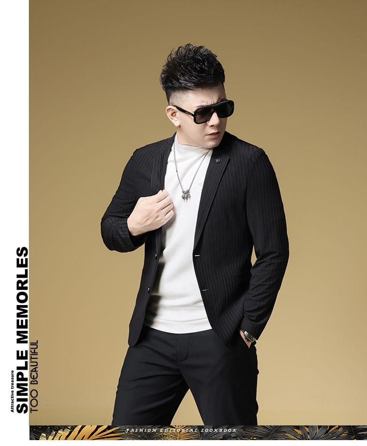 Striped Button-Up Slim Fit Blazer Product Image