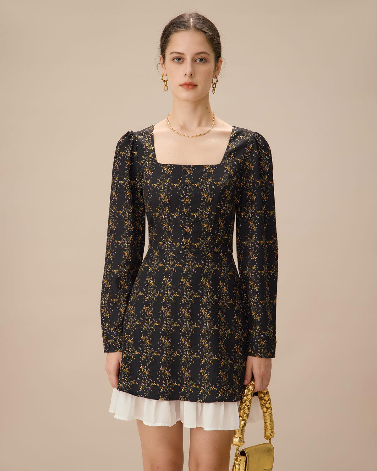 Black Contrasting Puffed Sleeve Mini Dress Product Image