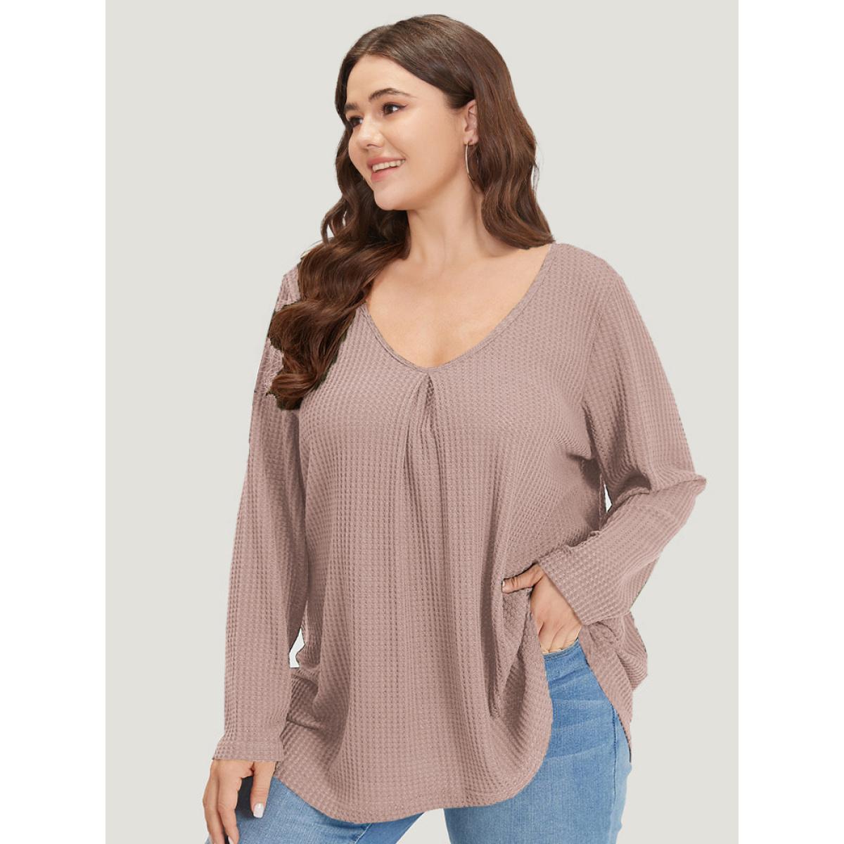 Plus Size Plain Waffle Knit Scoop Neck Plicated Detail T-shirt DustyPink Women Casual Non Plain V-neck Everyday T-shirts BloomChic 26/4X Product Image