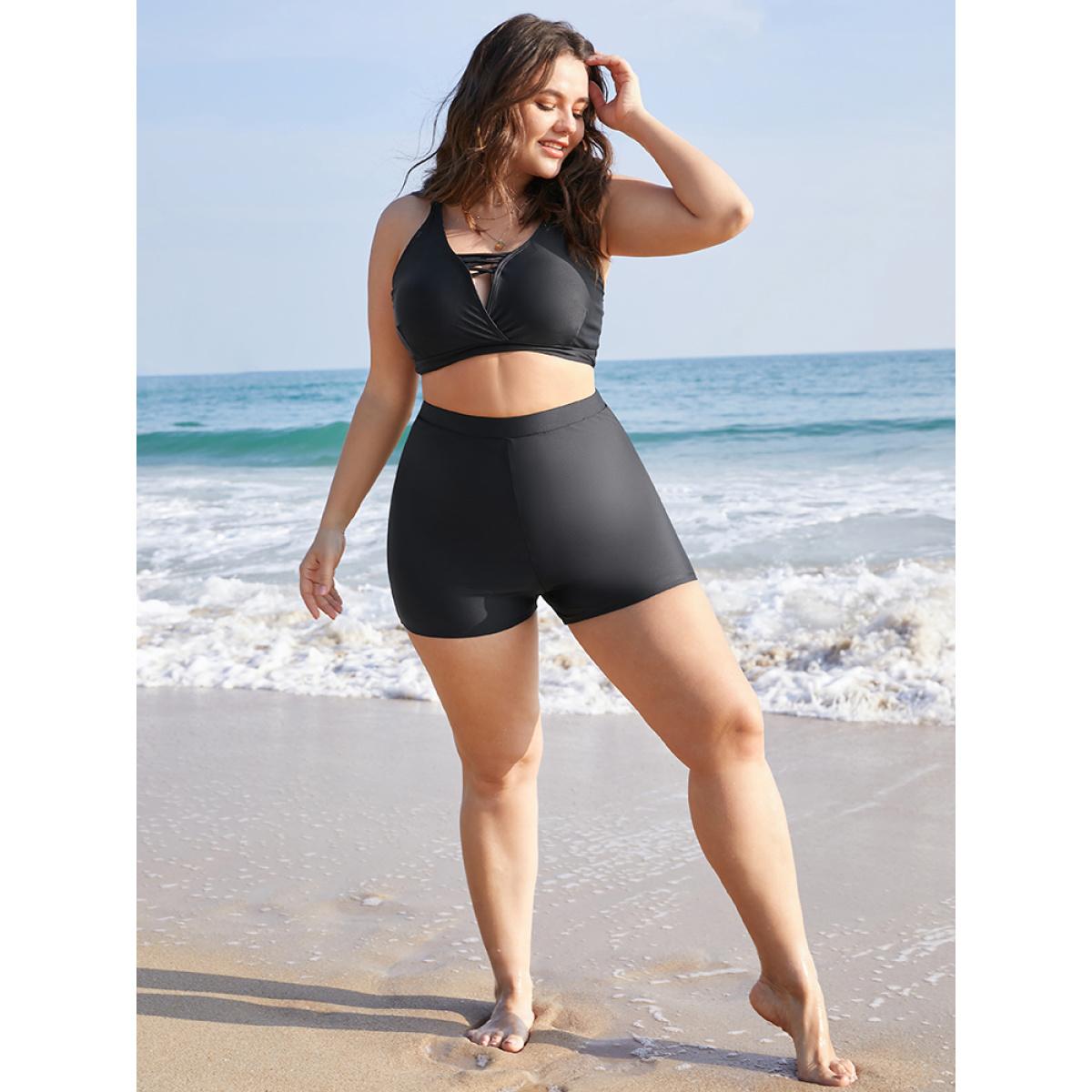 Plus Size Plain Elastic Waist Swim Shorts Women's Swimwear Black Beach Non High stretch Skinny High Rise Curve Swim Bottoms BloomChic 22-24/3X Product Image