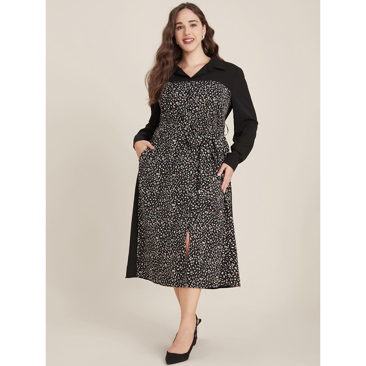 Plus Size Leopard Patchwork Pocket Button Up Belted Split Dress Black Women Office Patchwork Shirt collar Long Sleeve Curvy Midi Dress BloomChic 28/5X Product Image